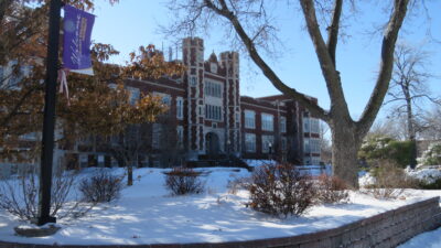 Pioneer Hall in snow from the side