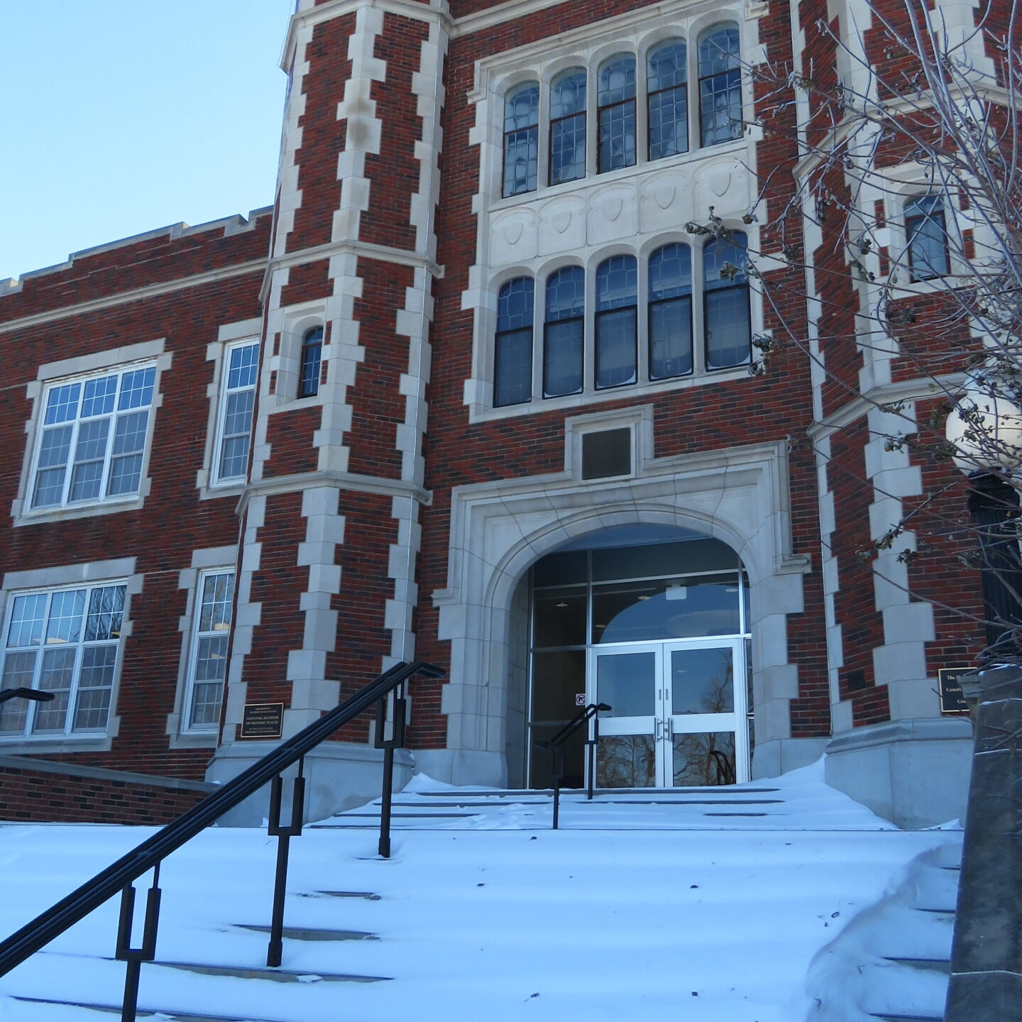 Snow-covered steps of Pioneer Hall